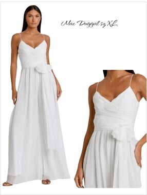 NWT Mac Duggal Ieena Flowy Faux Wrap Wide Leg Chiffon Jumpsuit White XL